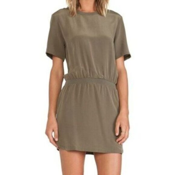 Anine Bing Revolve Short Sleeve Silk Lightweight Mini Dress Olive Green XS - Picture 1 of 15